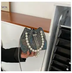 Glänzende Kristall Kleine Eimer Taschen Frauen Designer Mode Diamanten Kette Umhängetasche Dame Abendgesellschaft Clutch String Handtaschen - Görsel 2