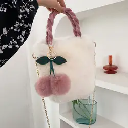 Neueste trendige kreative haarige Pelzplüsch-weiche nette Damen-Mädchen-Designer-Taschen mit Kugel-Anhänger samt rosafarbener Handtasche für Frauen - Görsel 2